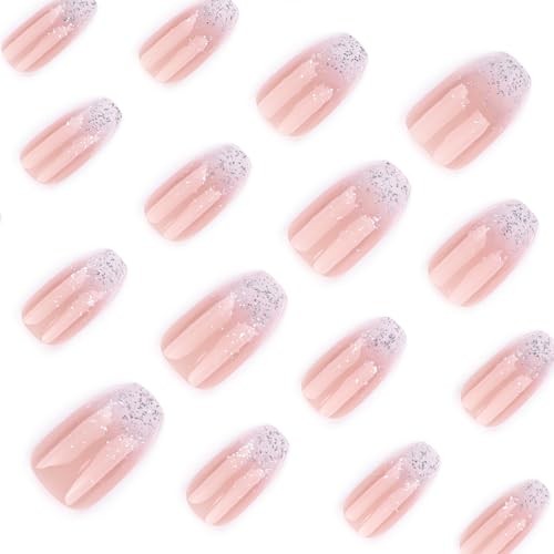 Silver Glitter French Tip Press On Nails, Coffin Fake Nails, Gradient Ombre
