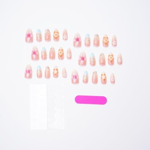 30Pcs Summer Beach Press On Nails – French Almond Shape – Ocean Theme – 23
