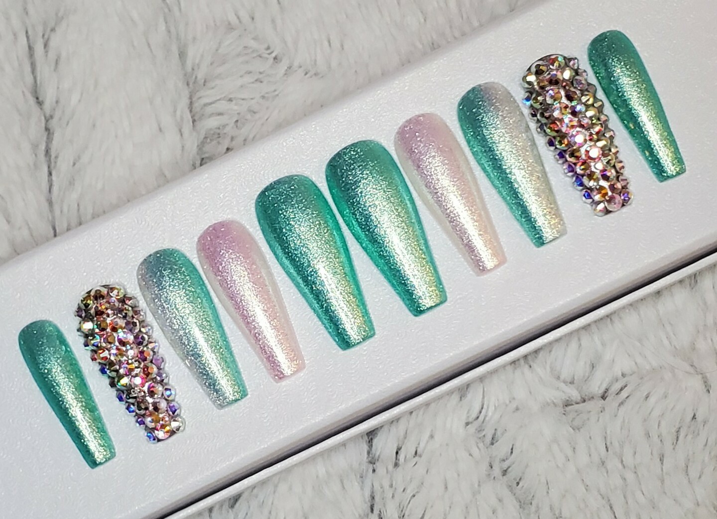 Green & white Bling glitter long ballerina diamond press on nails barbie ombre