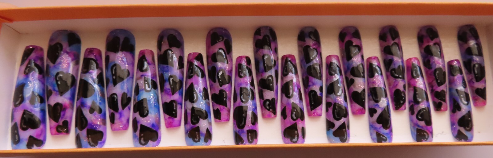 XL Blue Purple Black Silver Bubble Heart Ink Square Coffin Press On Nails (20)