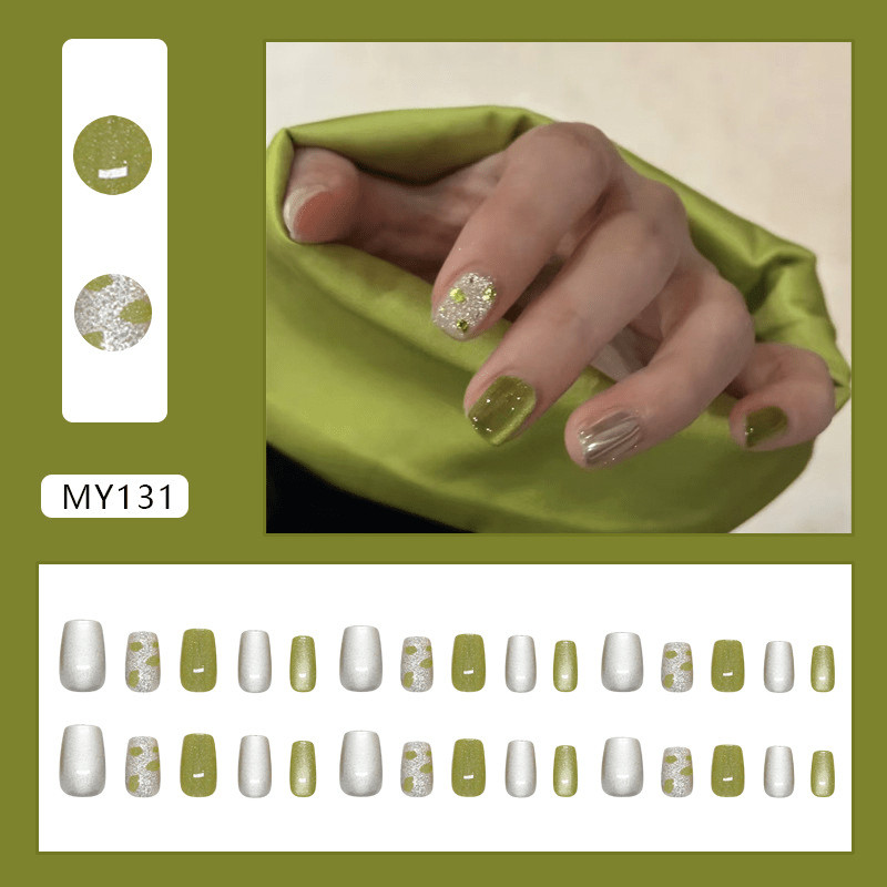 60pcs Short Square Press on Nails, Green Cat Eye Glitter Solid Color Nail Art