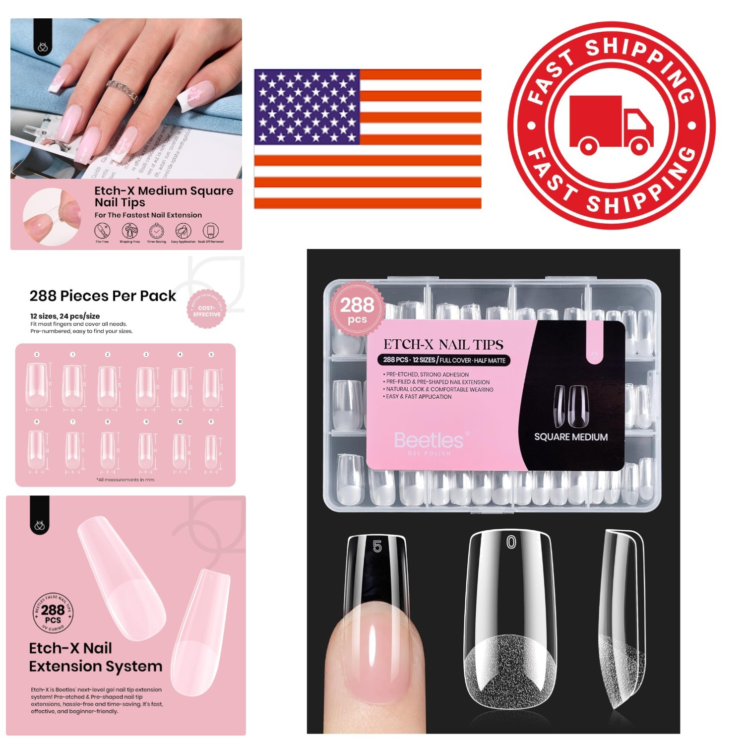 Beetles Gel Nail Tips Pre Etched Square Medium 288Pcs Half Matte DIY Nails