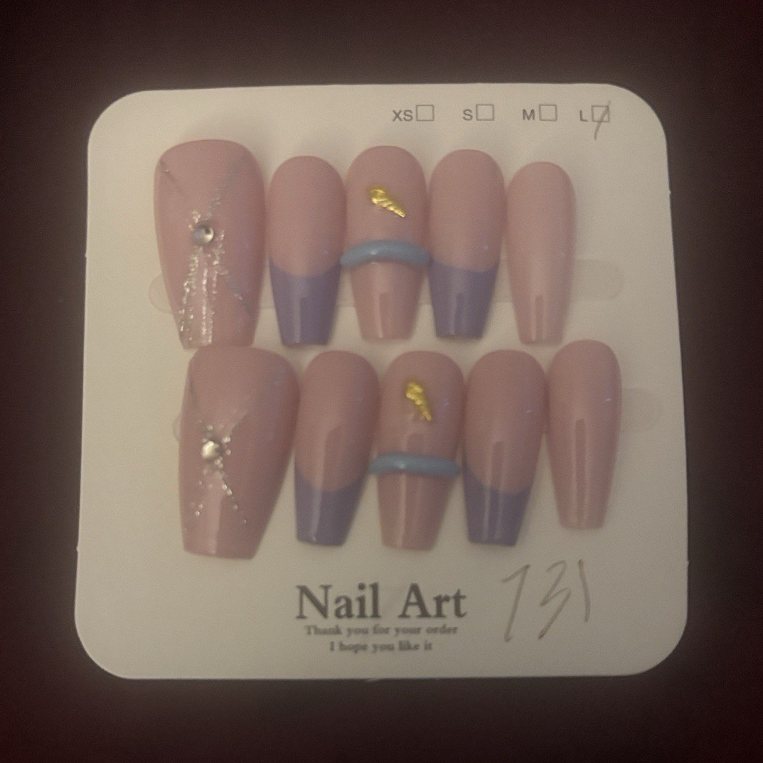 Long Pink Purple Glitter Coffin Press-On Nails Full Cover Plastic Tips Set 131