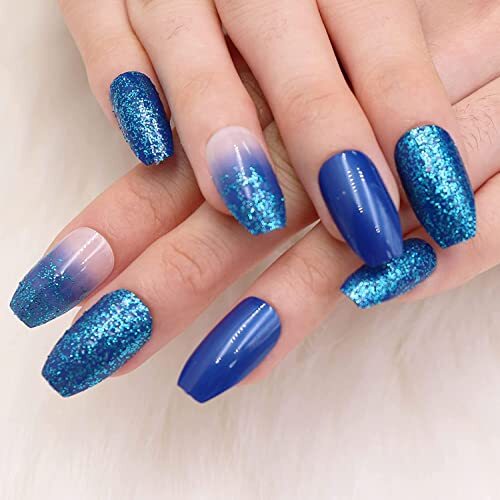 Medium Coffin Press on Nails, Blue Ombre Fake Nails, Glossy Glue on 07001Blue
