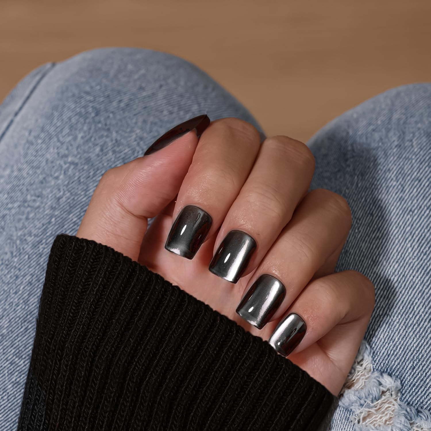 KQueenest Cat Eye Press On Nails Short, 30 Pcs Glitter Black Press On Nails S…