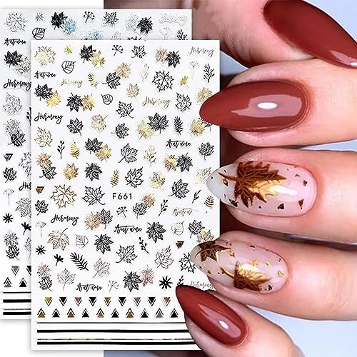 8Sheets Gold Maple Leaf Nail Stickers 3D Fall Nail Art Supplies Sticker 12