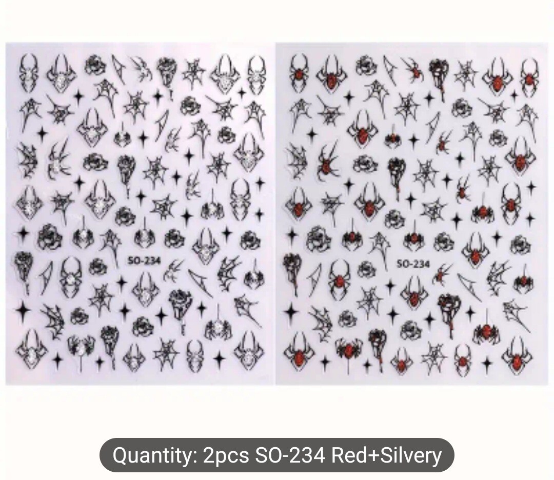 Halloween Nail Art Transfer Stickers Red Silver Spooky Spiders Roses Spider Webs