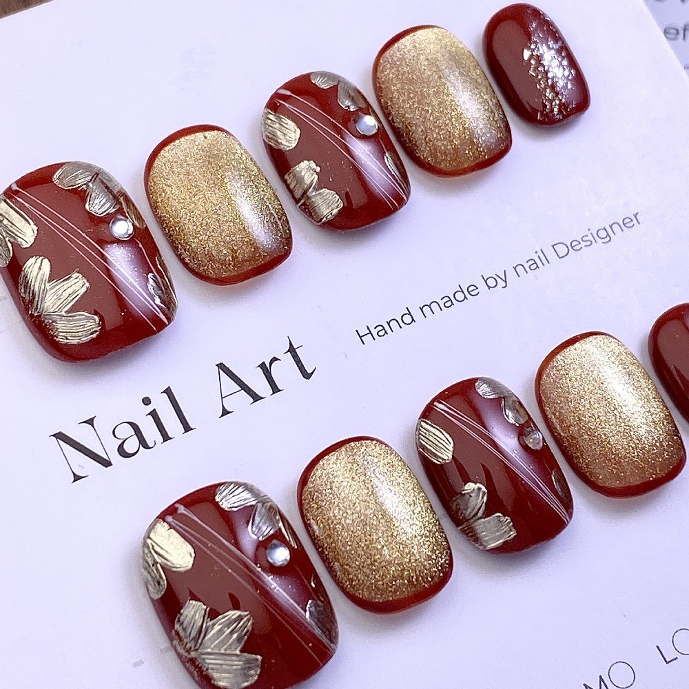10Pcs Gradient Wine Red Gold Nails Cat Eye Pearl Foil Party Nail Art