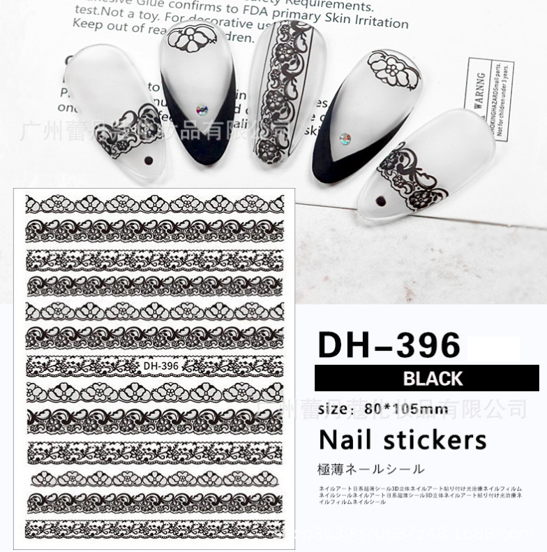 Nail art 3D stickers Adhesive decals white black lace flowers DH396 NH12