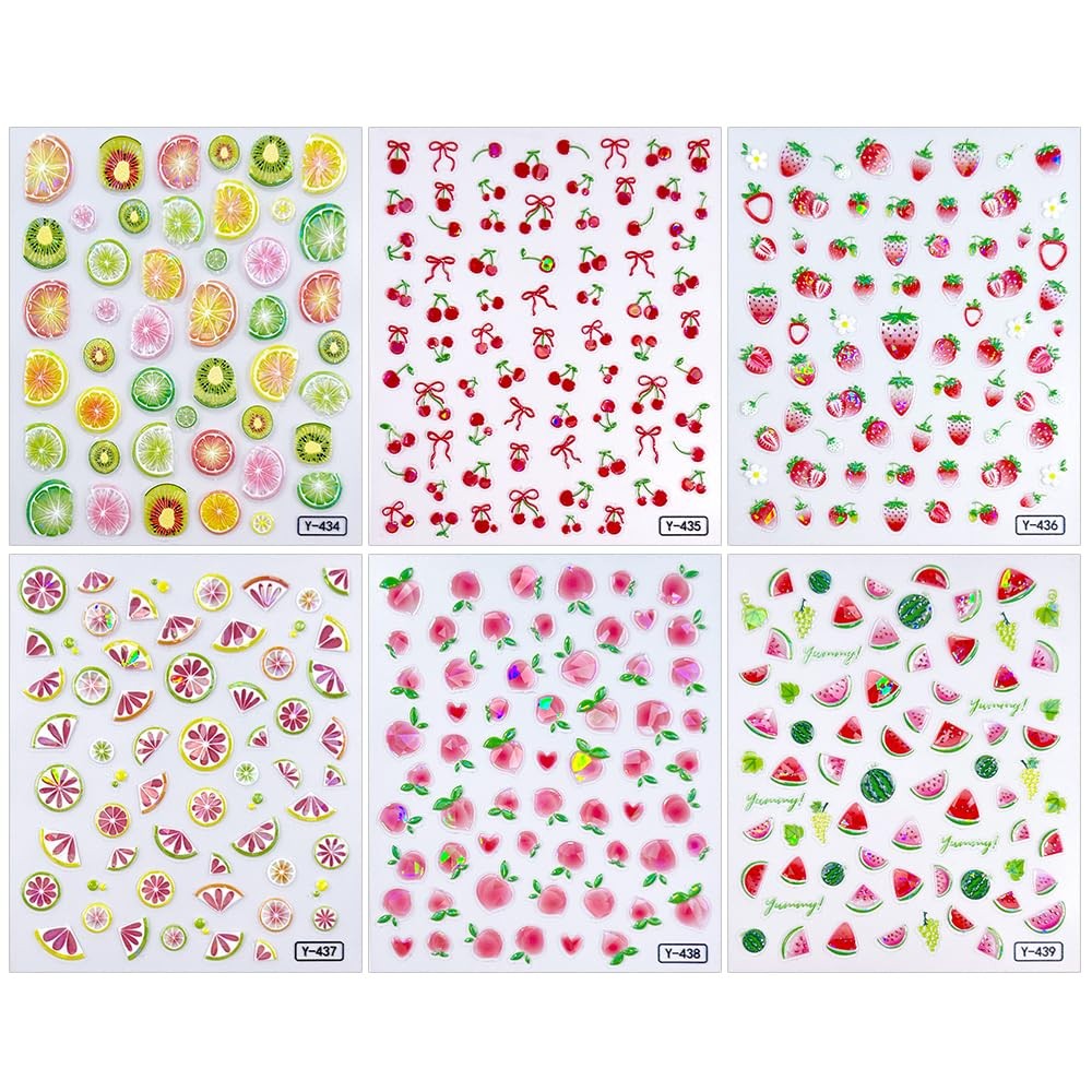 6Sheet 5D Embossed Lemonade Fresh Fruit Nail Stickers 3D -Adhesive Peach Wate…