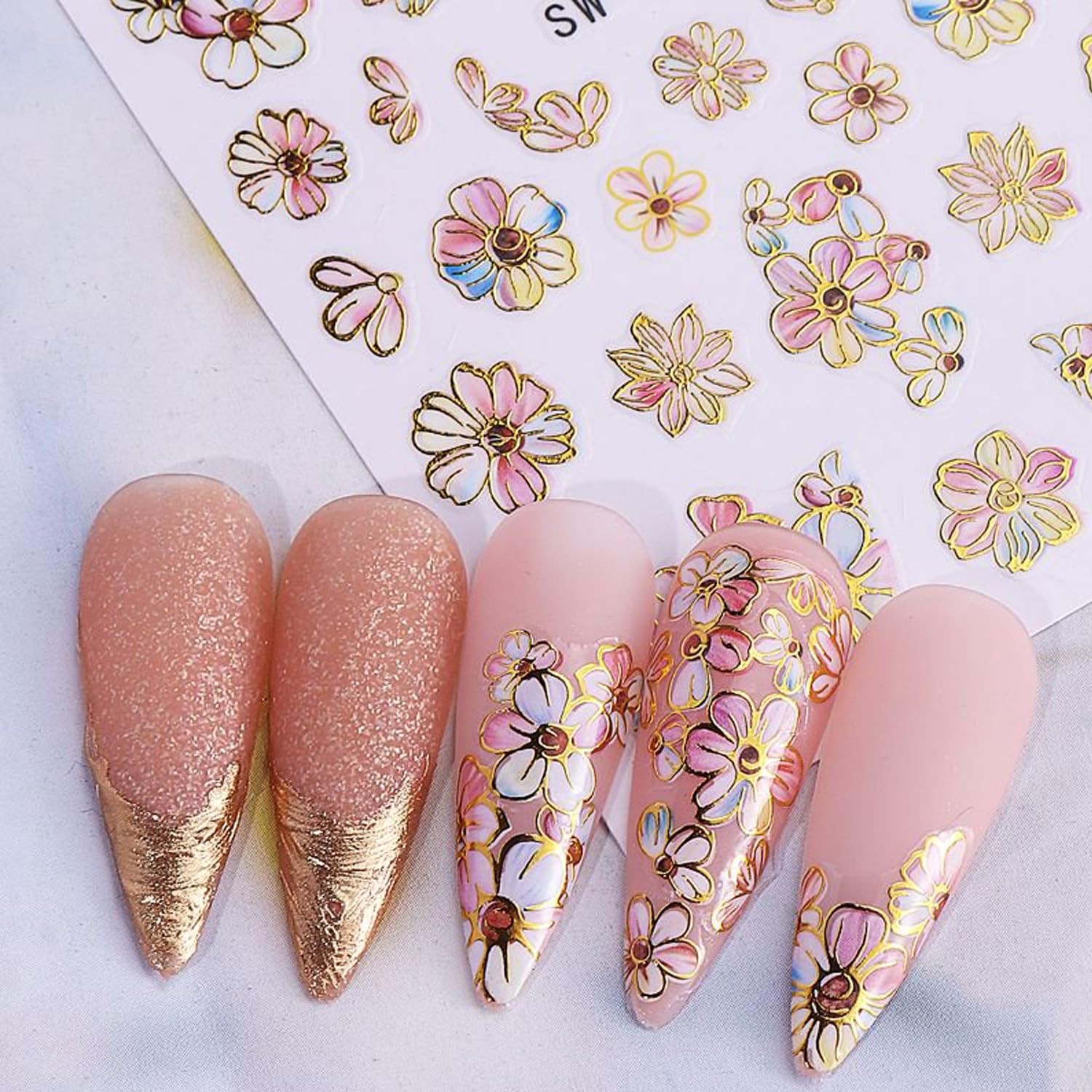 Spring Nail Art Stickers,Summer Flower Butterfly Nail Sticker Golden Edge Flo…