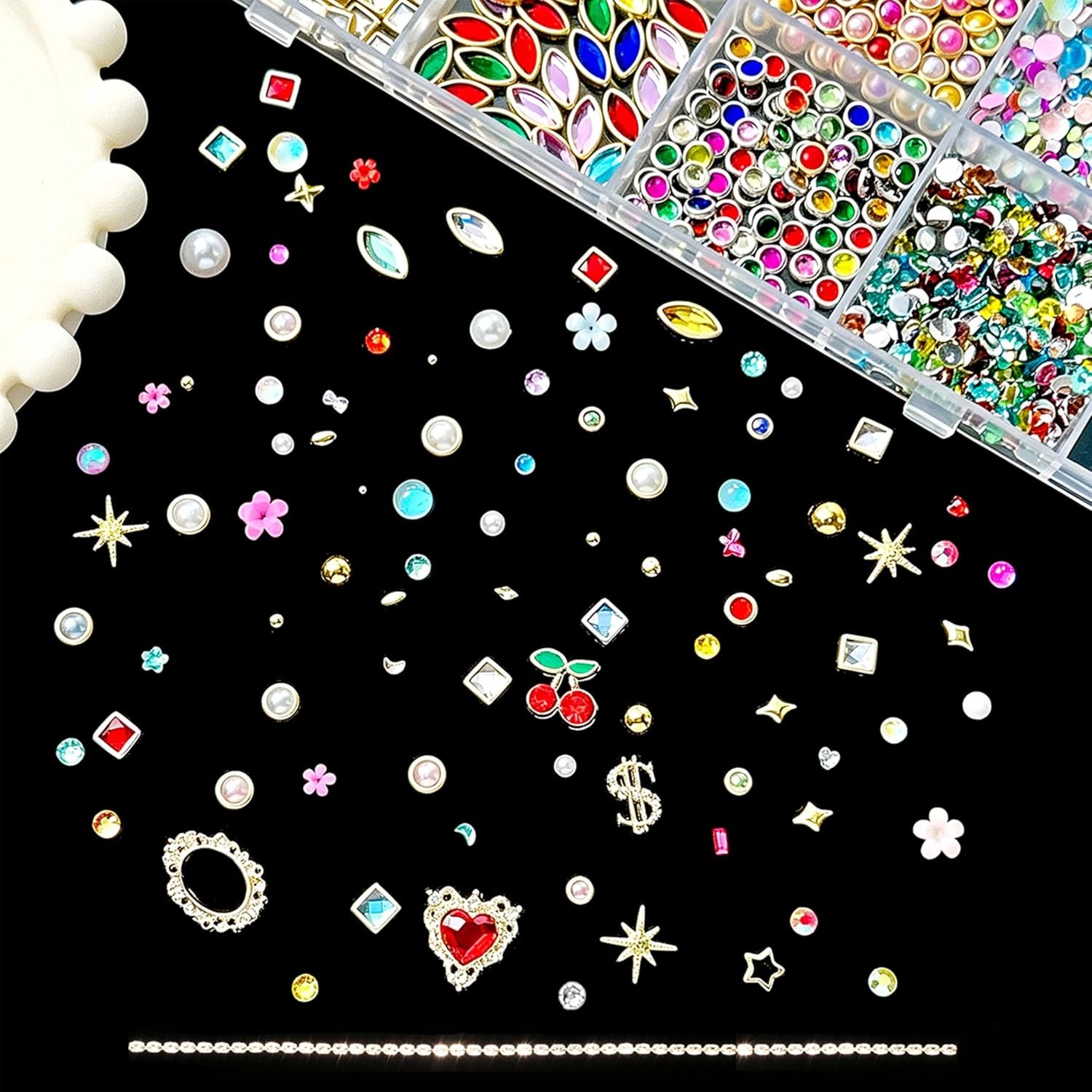 3D Nail Charms & Gems Kit: Vintage Pendants, Rhinestones, Pearls, 24 Grids