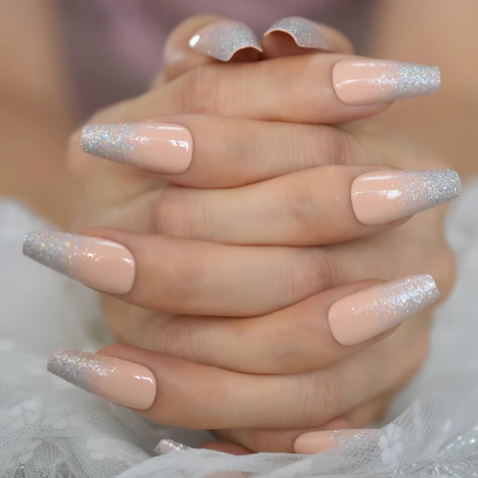 24 Peach Nude Ombre glitter Press on nails with glue long coffin iridescent