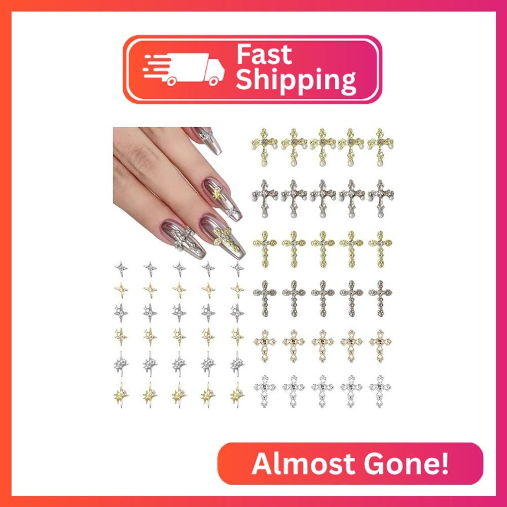 Kurilai 60pcs Cross Nail Charms – 3D Star Nail Decorations, Cross Metal Pearl Rh