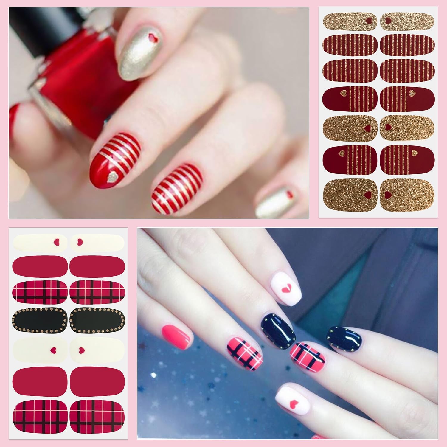 24 Sheets Valentine’s Day Nail Wraps for Women Stick On Nail Polish Strips Ge…