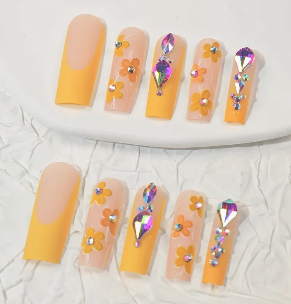 24 Pcs Press-on Nails Long Coffin Shades of Yellow with Flowers & Gems