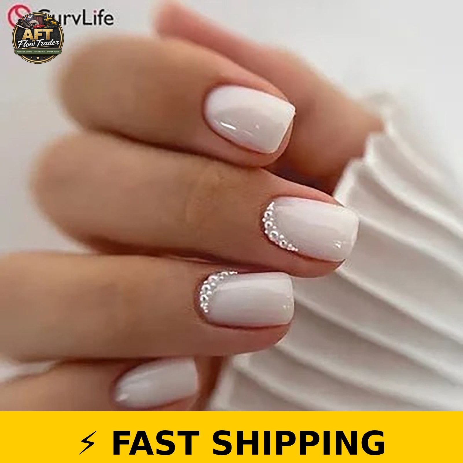CurvLife Pearl Drizzle Press-On Nails – 30PCS Short Square