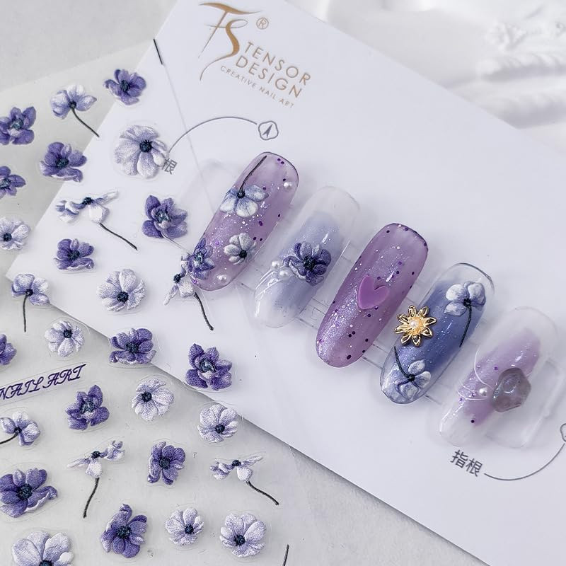Flower Nail Art Stickers 5D Embossed Purple Floral Nail Stickers for Nail Art Se