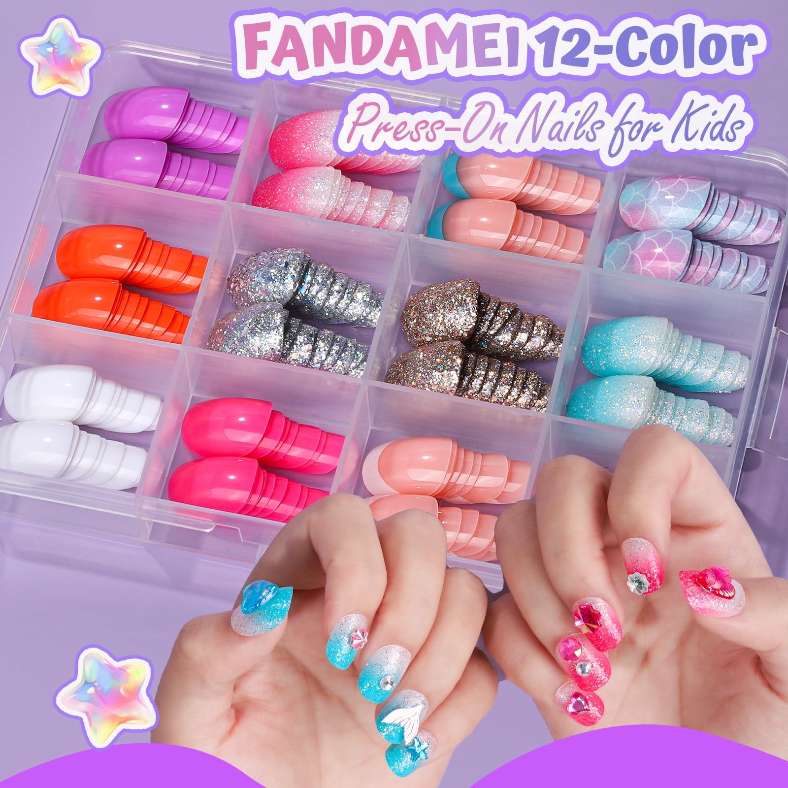 Press On Nails 12 Style 6 Sheet 3D Rhinestone Mermaid Colorful Nail Art Kit