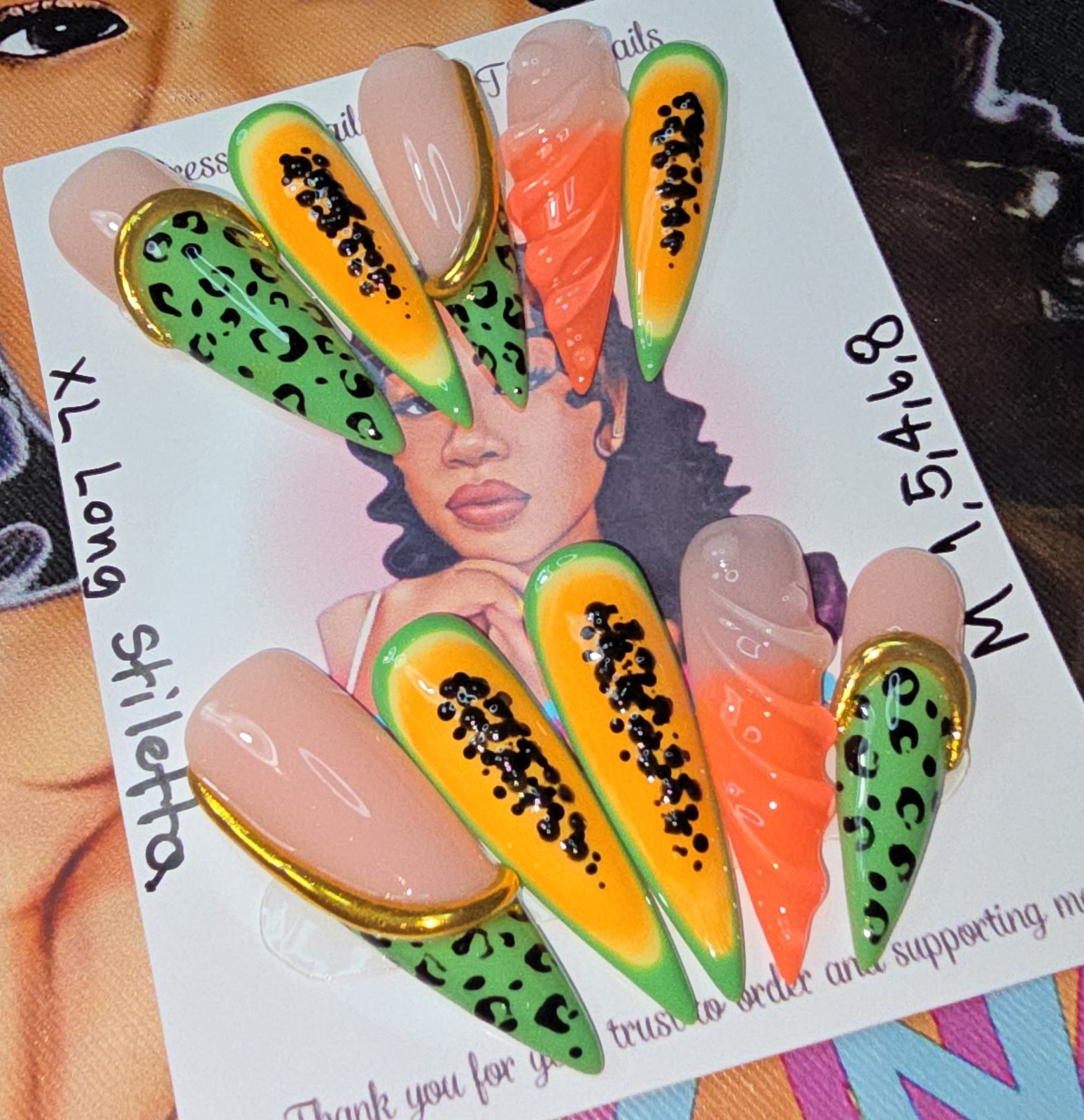 Handmade Gel Press On Nails, Summer Set Medium Size 1,5,4,6,8 XL Long Stiletto