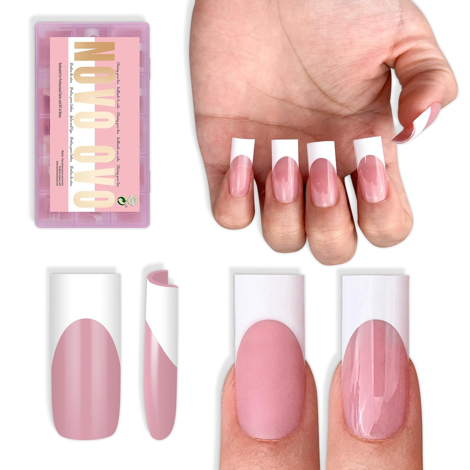 Medium Sharp Square White French Tip Nail Tips Press on BERRY PINK, Extra Thick