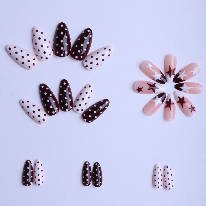 48Pcs Almond Press on Nails, Burgundy Polka Dot Star Sweet Cool Fake Nails