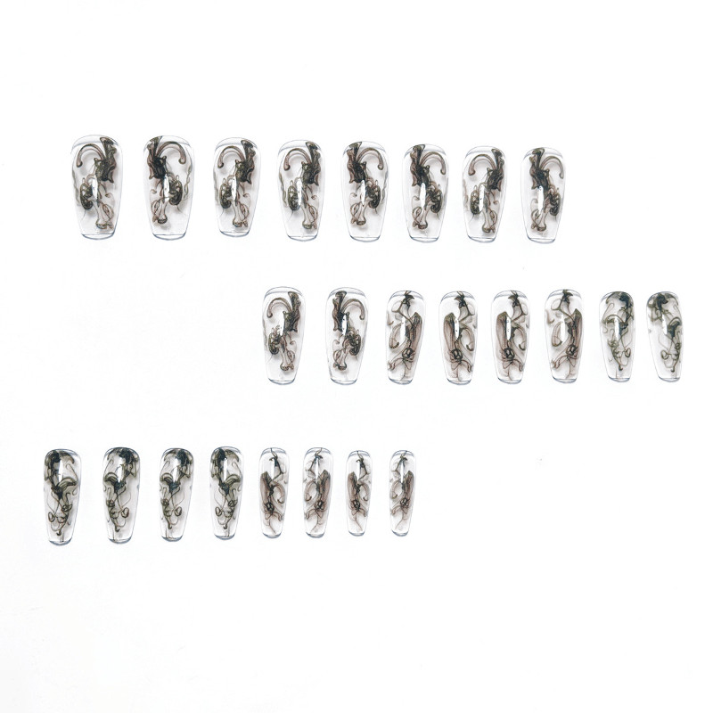48pcs Long Taper Press on Nails, Clear Black Ink Smoke Gothic Gloss Nails