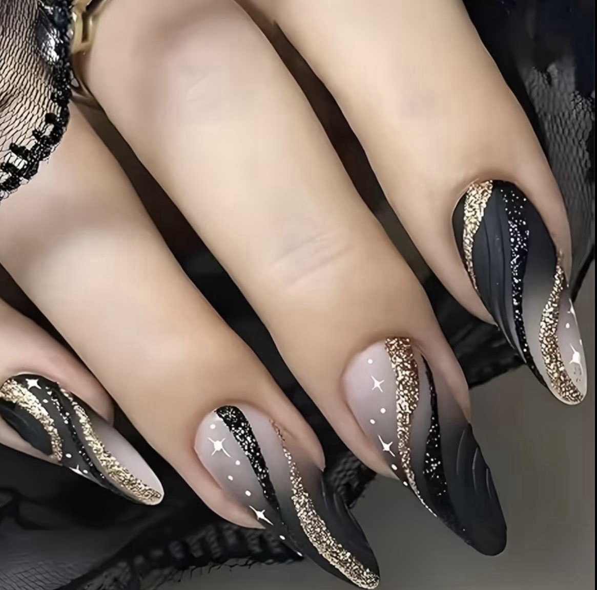 24 PCS Press-On Nails Black Golden Almond False Nails Full Cover Nude