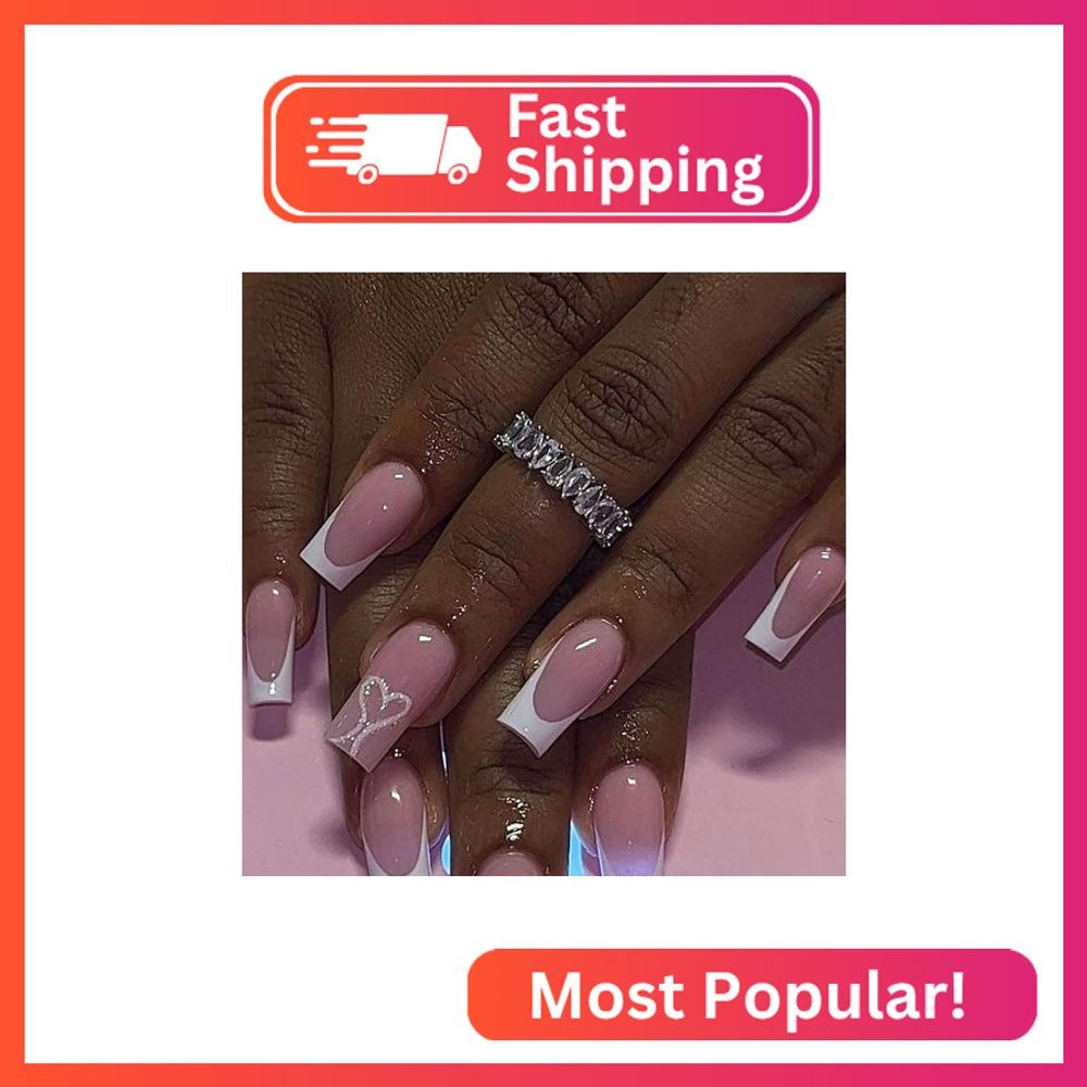 BAOYAALIN Medium Press on Nails Square French White Fake Nails with Heart Design