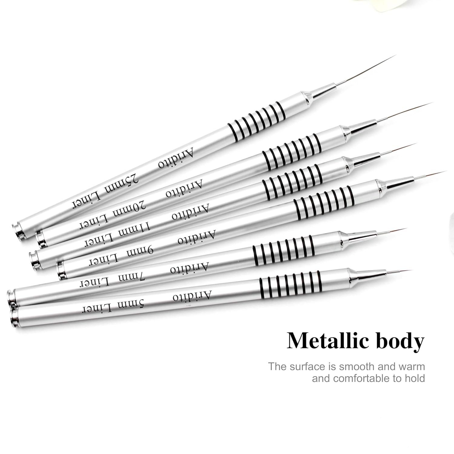 6Pcs Silver Metal Handle Nail Art Liner Brushes Set | 5/7/9/11/20/25Mm Sizes