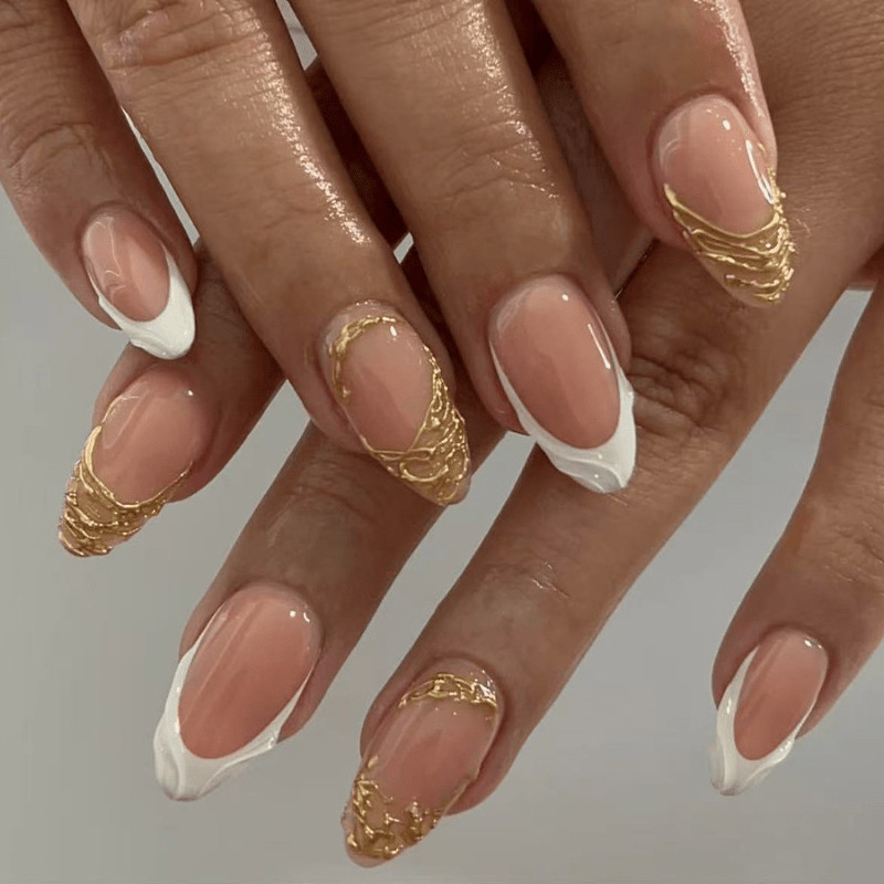 48Pcs-Medium Almond Nude White Wavy French Gold Foil Elegant Press on Nails