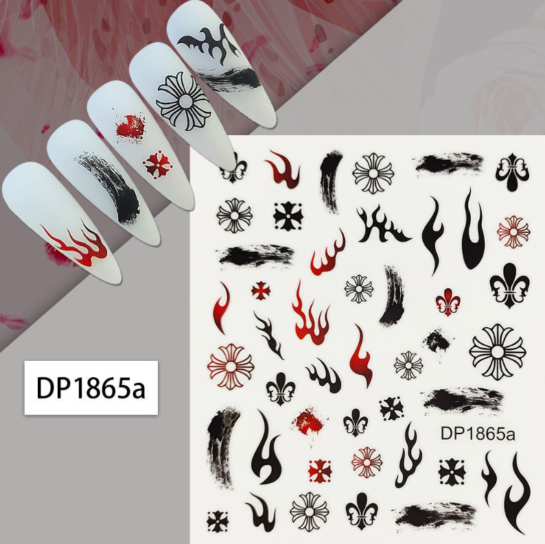 3D Nail Art Stickers Decals Black Red Cross Flames Fire Fiery Flame DP1865 NS7