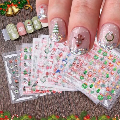 Glitter Christmas Nail Art Stickers for Set 3D Self- Adhesive Christmas Cartoon