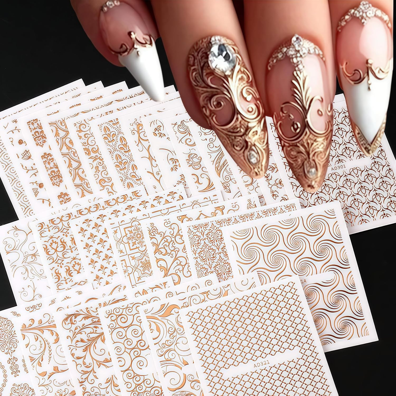 30 Sheets Lace Flower Nail Art Sticker 3D Self-Adhesive Hollow Rose Golden Lace