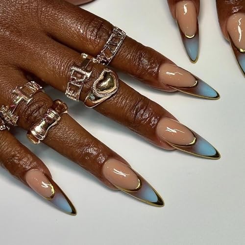 Press on Nails – Long Stiletto Fake Nails with Ombre, Acrylic Gold 06109Brown