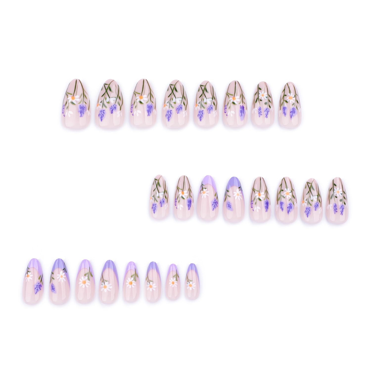 Summer French Tip Press On Nails Flower Design Almond Medium Glossy Fake Nails