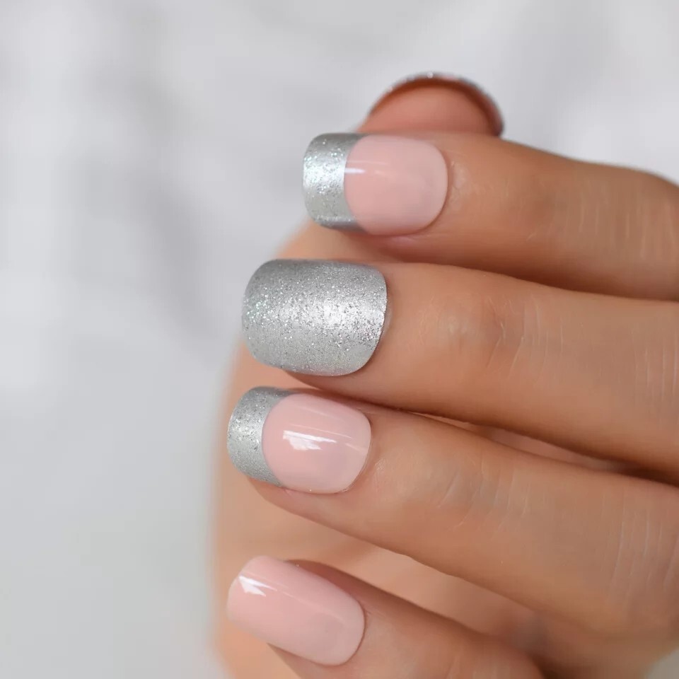 24 Unique Short Pink gray silver glitter Press on nails glue on light pastel