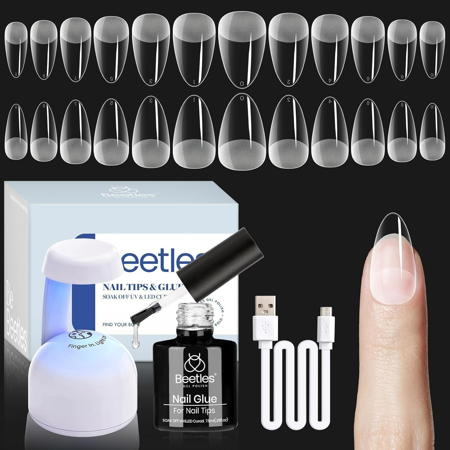 Beetles Gel Nail Kit Etch-X, Almond Short, 504pcs 12 Sizes Nail tips, with 9 …