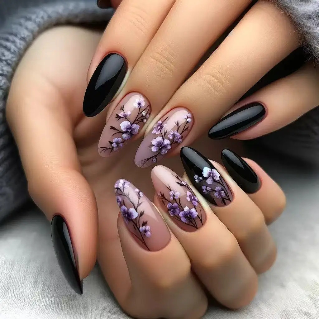 Purple Flower Printed Press On Nails 24Pcs Almond Coffin DIY Manicure Acrylic