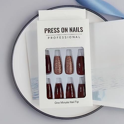 24Pcs Dark Wine Red Press on Nails Long Fake Nails Elegant Wine Red Gradient