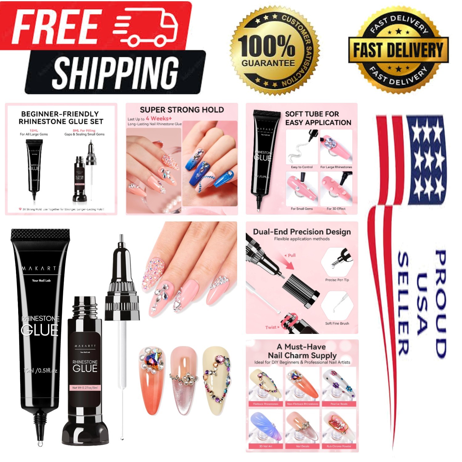 Super Strong Adhesive Rhinestone Glue Set for Ultimate Nail Art, 15ml & 8ml