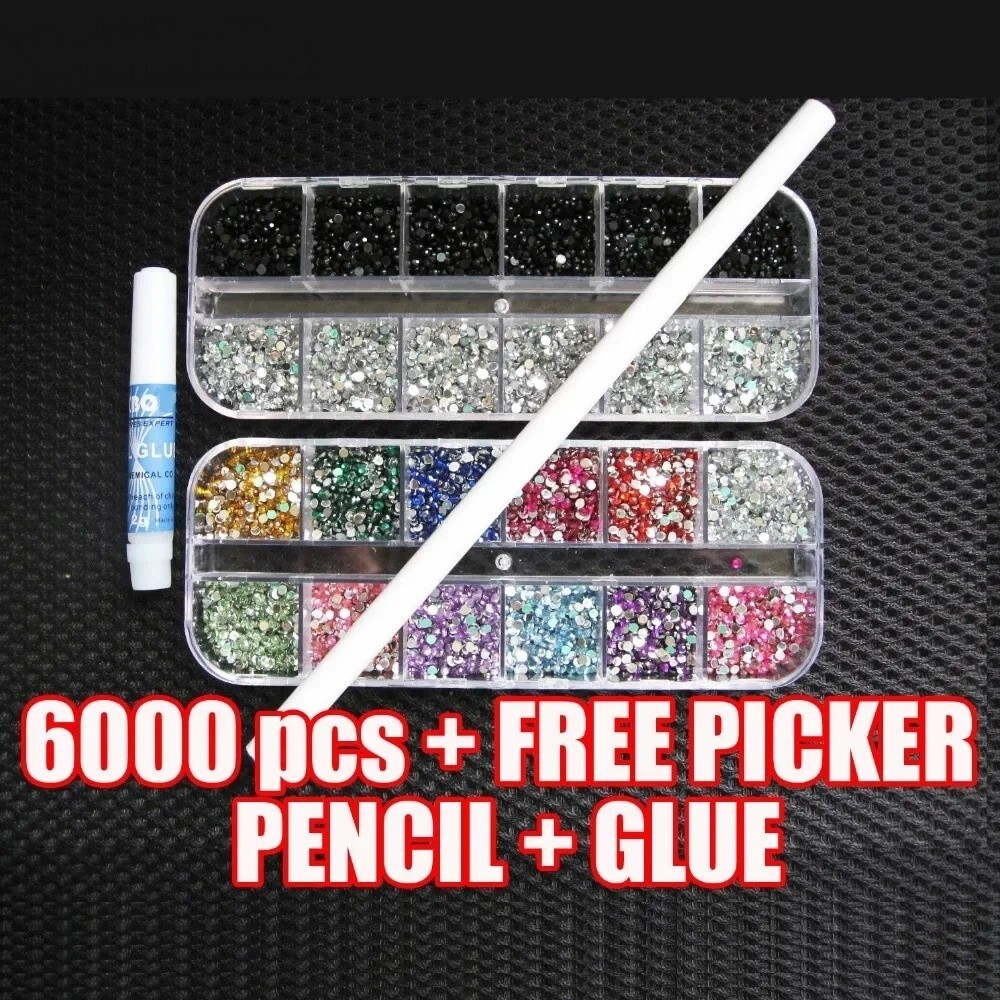Nail Art Decoration 6000 Pcs X 2mm Rhinestones Gems With Picker Pencil Glue Sets