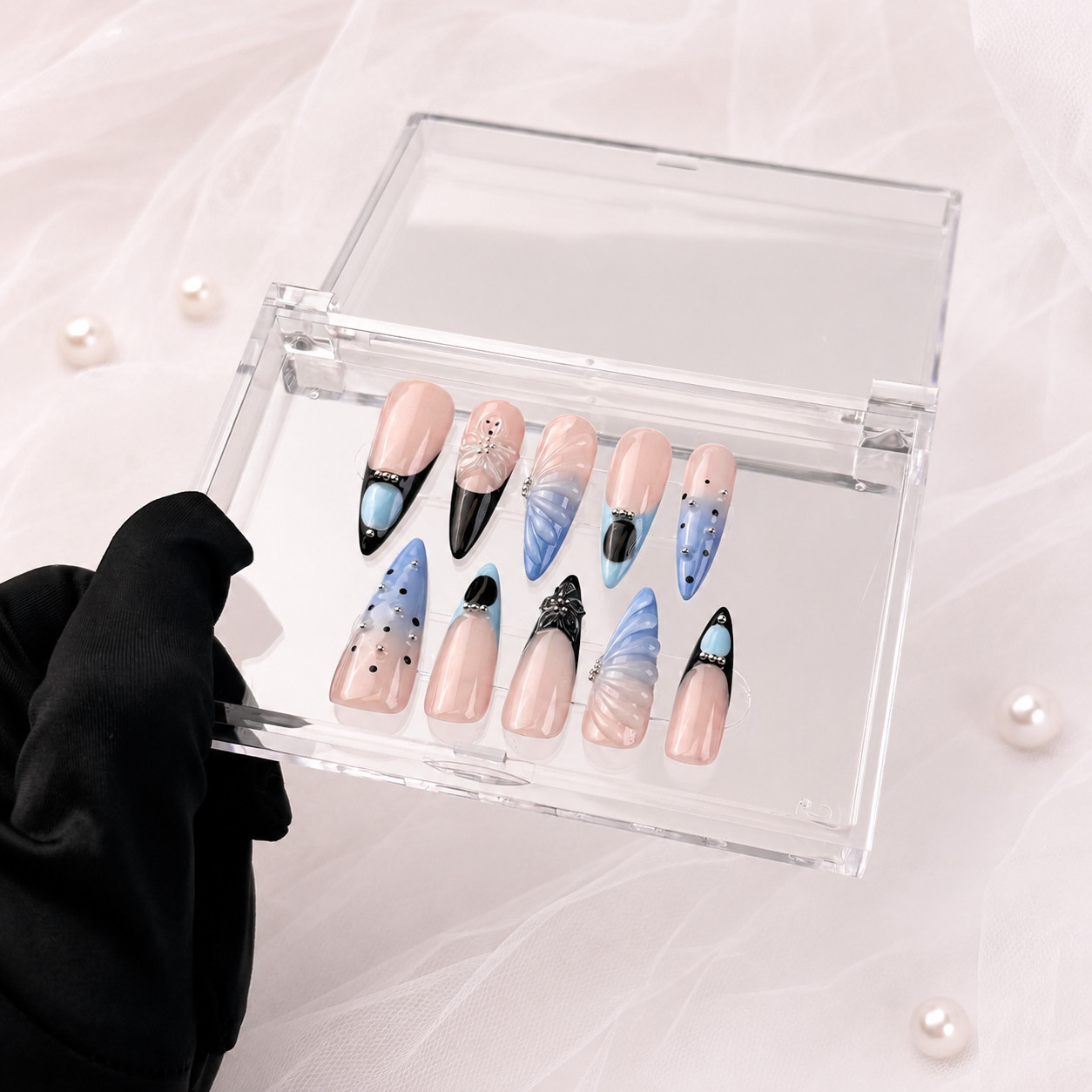 Long Stiletto Press On Nails Blue Black French Tip Butterfly Rhinestone Nail Set