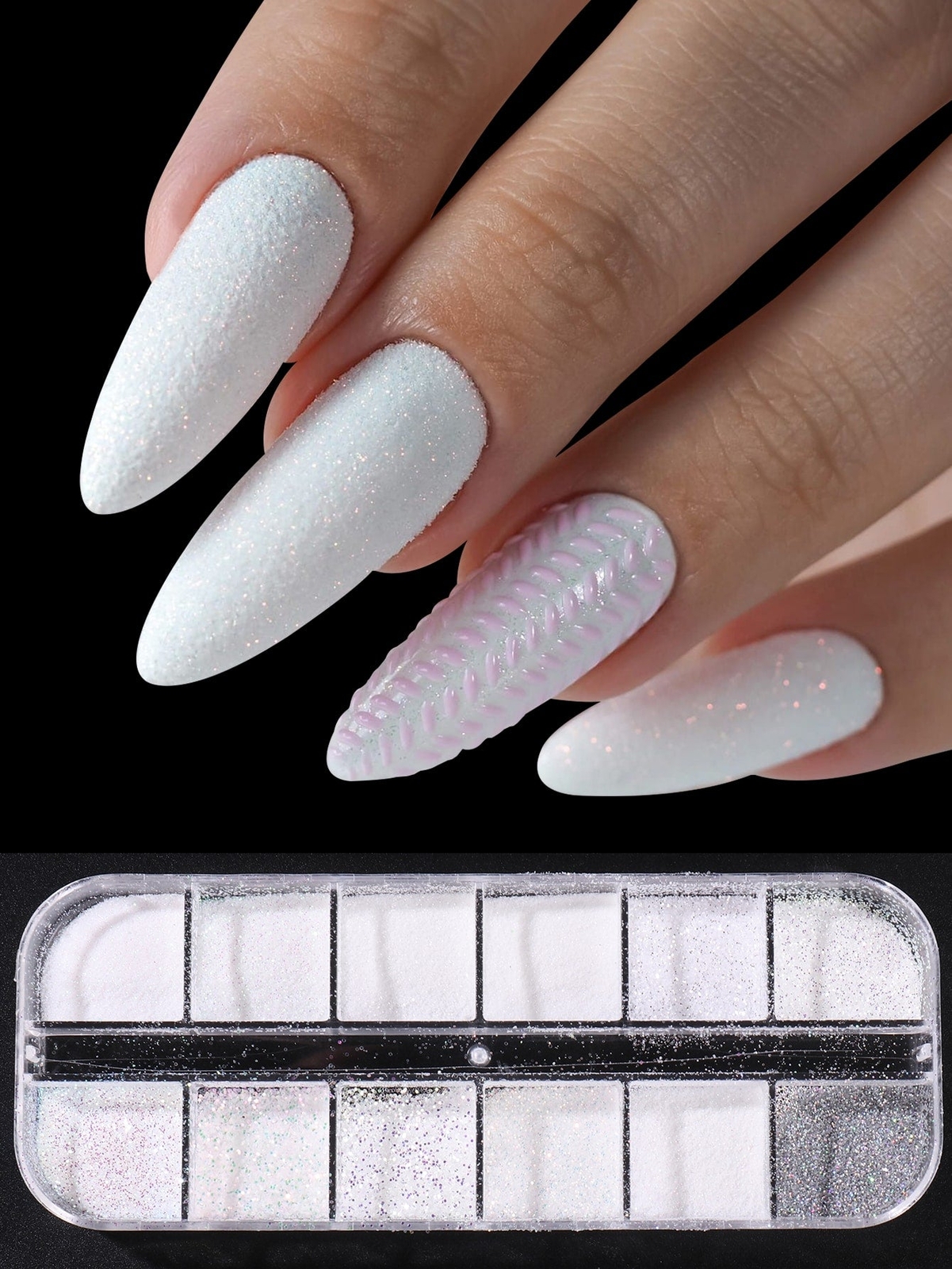 =Sugar Nail Glitter Powder, 12 Grids Iridescent Sandy White Color Nail Glitter