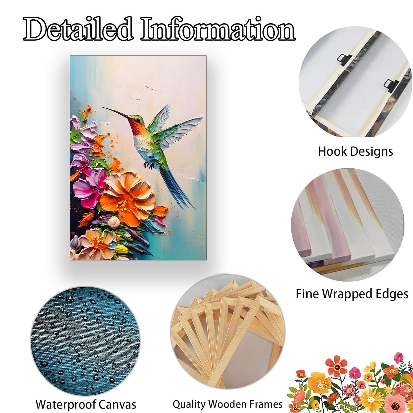 2D No Texture Colorful Painting Style Hummingbird Wall Art,Spring Flowers Can…