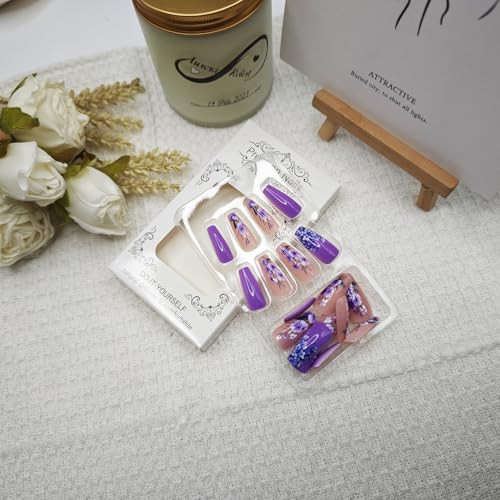 24Pcs Purple Press on Nails Spring Fake Nails Purple Flower Design False A38