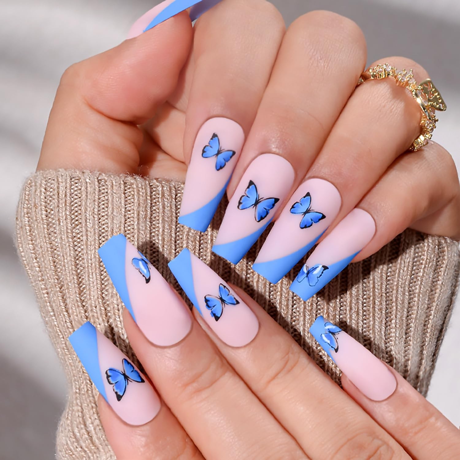 Blue French Tip Press on Nails Square Medium Length,Full Cover Reusable Coffi…