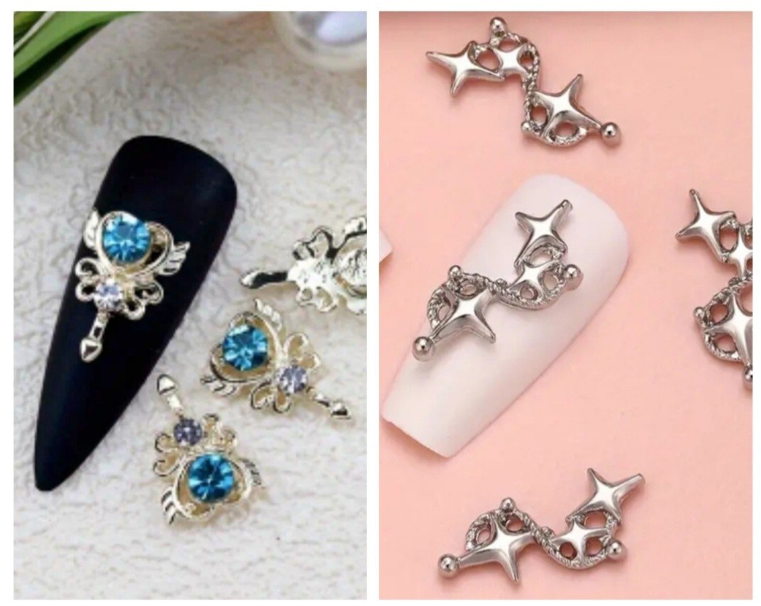 Lot 2 Pkgs 20 Pcs Gold Heart Teal Gem Keys Silver Stars Nautical Nail Art Charms