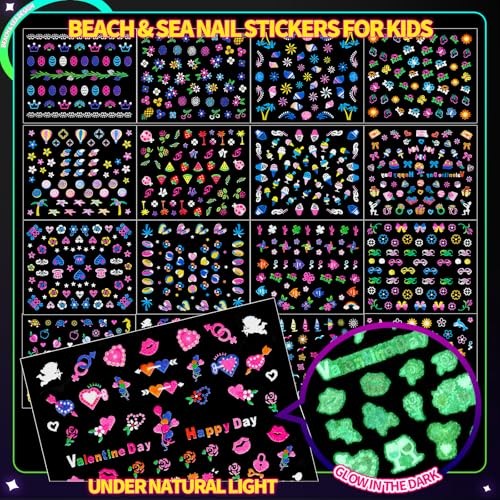 50 Sheets Glow in The Dark Nail Stickers for Kids, Girls Flower Art