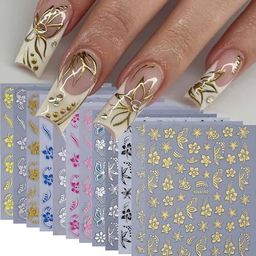 Flower Nail Stickers for Nail Art 12PCS Nail Decals 3D Self Hibiscus Flowers